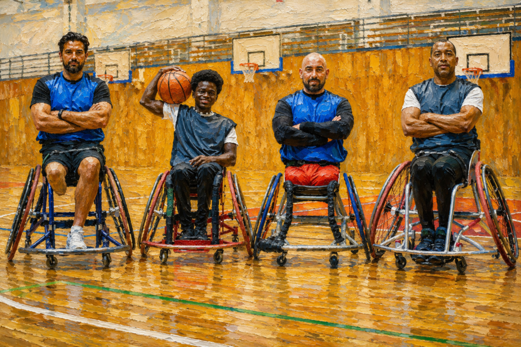 Impressionist oil painting of four wheelchair basketball players lined up on an indoor basketball court, with one athlete holding a basketball and the team posing confidently.