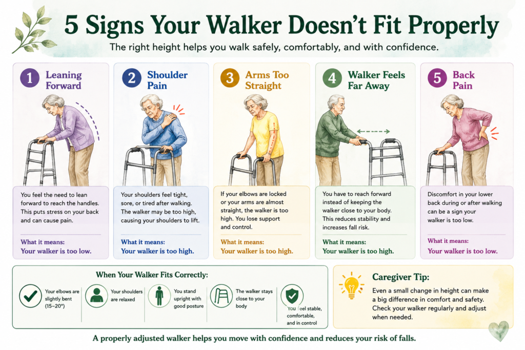 Infographic showing five signs that a walker is not adjusted correctly, including leaning forward, shoulder pain, arms too straight, the walker feeling too far away, and back pain, with a checklist for proper walker fit.