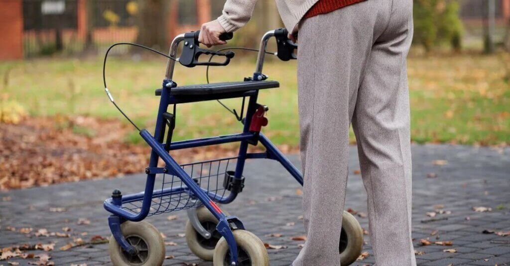 Someone using a rollator in the park