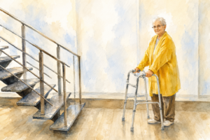 Elderly woman using a standard walker near a staircase in a bright home.