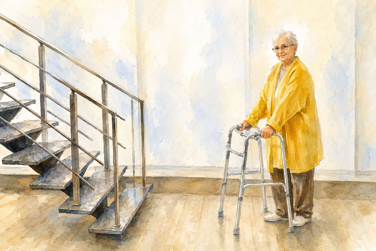 Elderly woman using a standard walker near a staircase in a bright home.