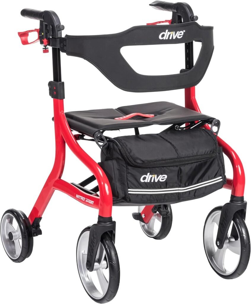Four-wheel rollator with built-in seat, hand brakes, and storage basket for outdoor walks