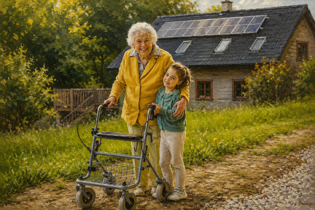 Smiling grandmother using a rollator while walking with her young granddaughter on a country path in a realistic oil painting.