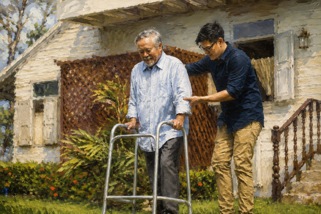 A caregiver gently supports an older man using a standard walker outside his home in a realistic oil painting, illustrating safe mobility and independence.