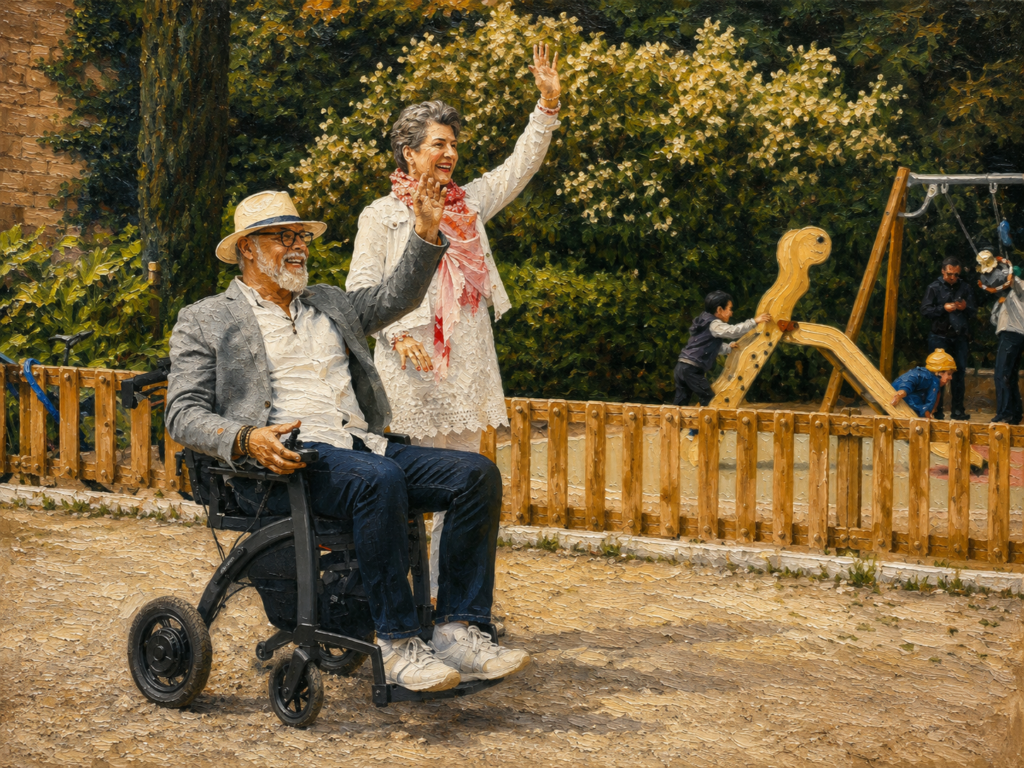 Walker vs Rollator: Which One Is Right for You?-An older man using a powered wheelchair waves with a smile while enjoying a park with a companion in a realistic oil painting, celebrating independence and active aging.