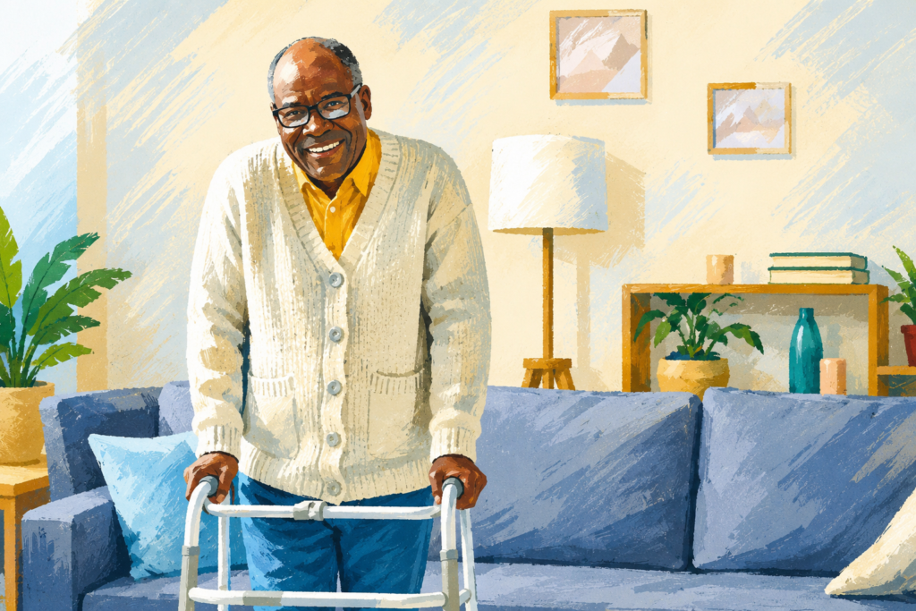 Smiling older man using a standard walker safely in a bright living room while maintaining balance and independence at home.