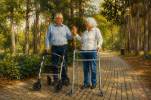 Two older adults using a rollator walker and a standard walker share a joyful high-five while walking together along a tree-lined park path, depicted in a realistic oil painting.