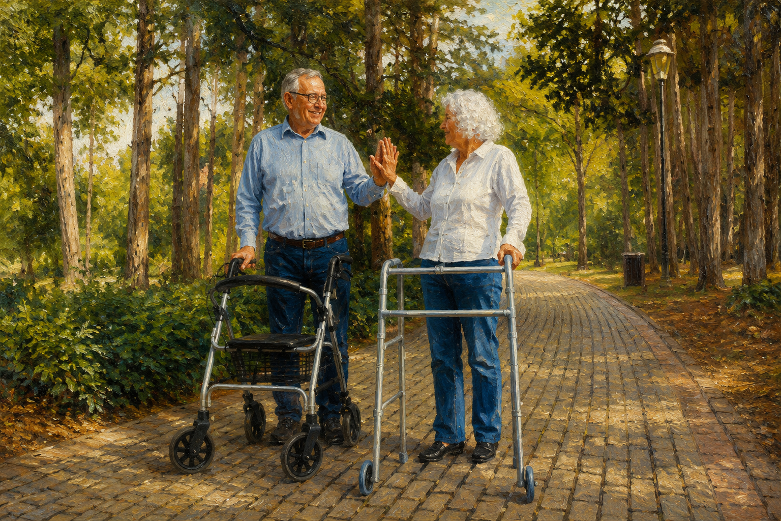 Two older adults using a rollator walker and a standard walker share a joyful high-five while walking together along a tree-lined park path, depicted in a realistic oil painting.