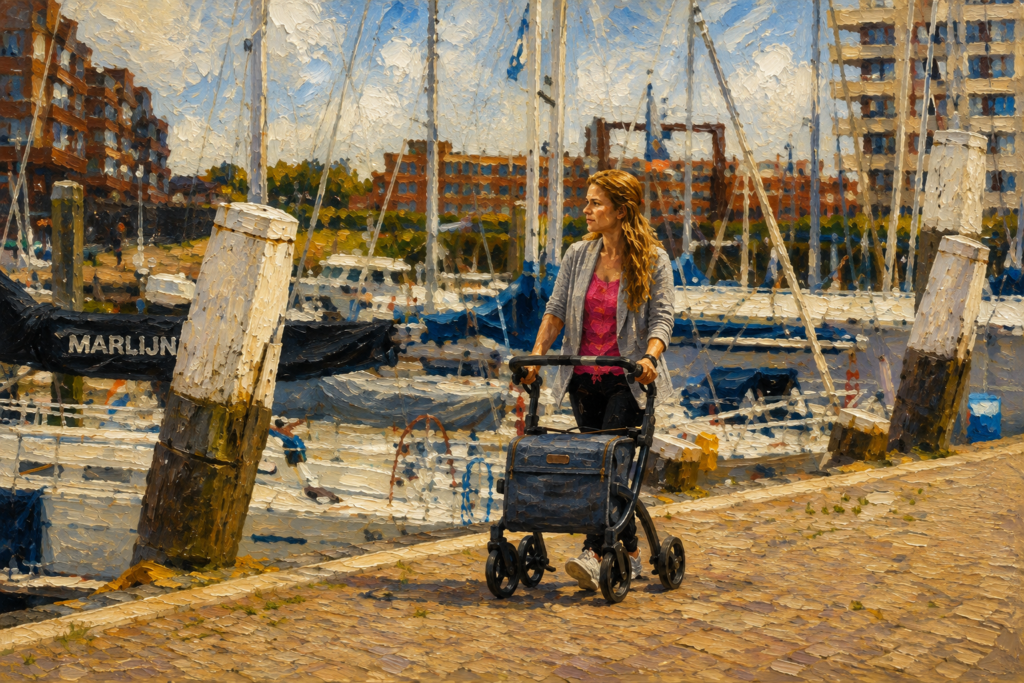 Woman using a rollator safely along a marina walkway with sailboats and docks in the background on a sunny day.