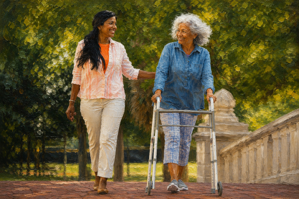 Older woman using a two-wheeled walker while enjoying a walk with her caregiver on a tree-lined park path in a realistic oil painting.