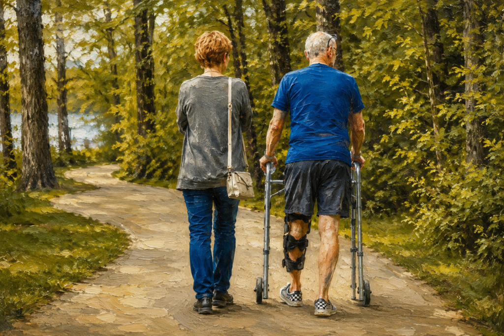  Walker Safety Tips Outdoors-Couple walking together on a wooded park trail, with the man using a two-wheeled walker for support in a realistic oil painting.