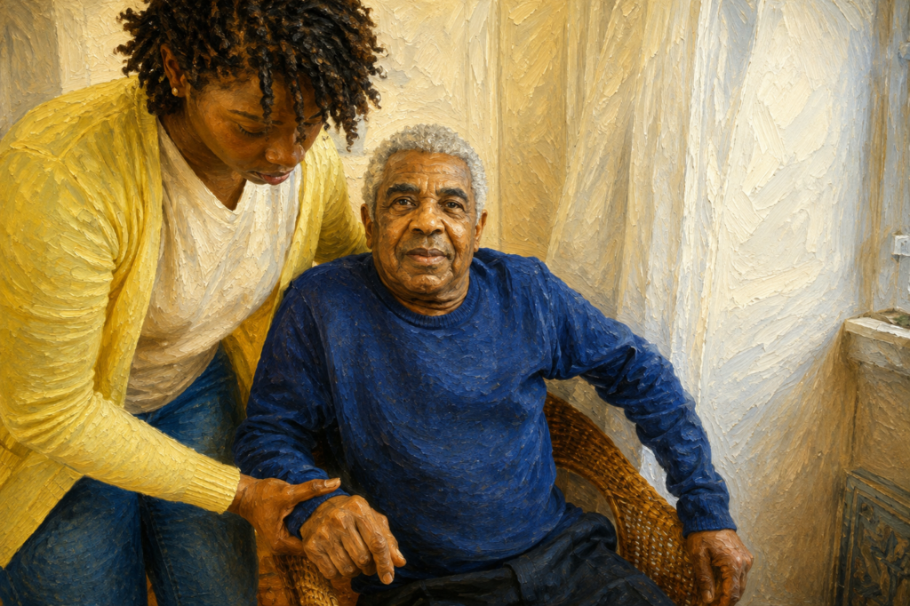 Caregiver assisting an older man as he prepares to stand safely from a chair in a realistic oil painting.