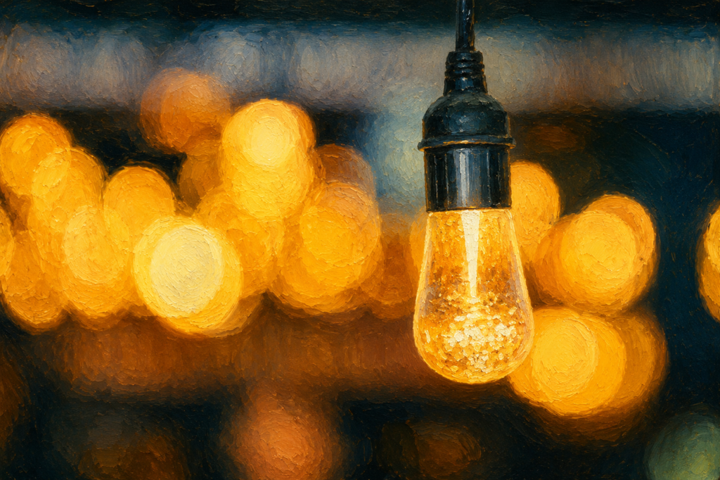 Glowing light bulb representing the importance of proper home lighting for fall prevention in a realistic oil painting.