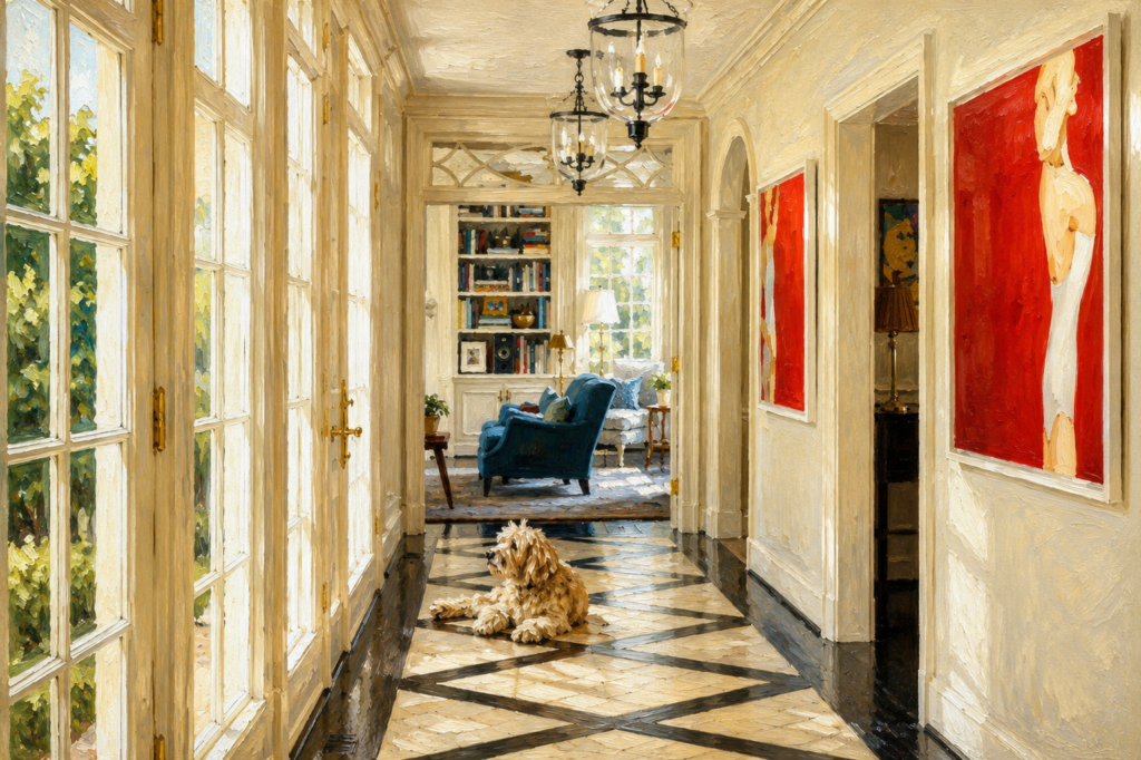 Bright, clutter-free hallway with a dog lying in the walkway, illustrating a common trip hazard for fall prevention in a realistic oil painting.