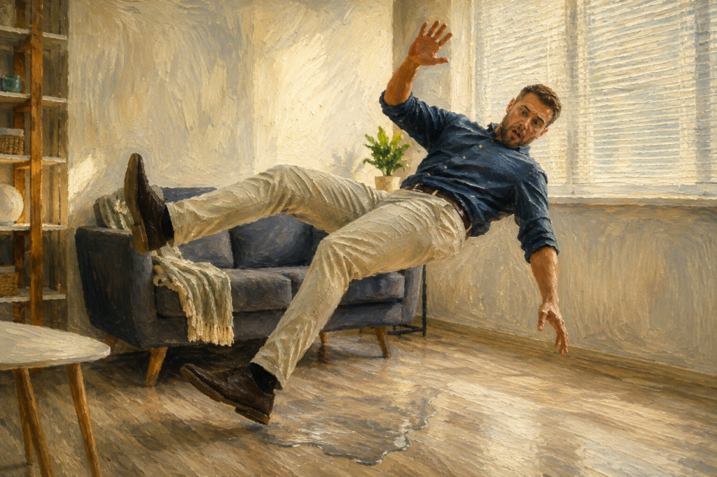 Fall Prevention in the Home-Man slipping on a wet floor in his home, illustrating a common fall hazard in a realistic oil painting.
