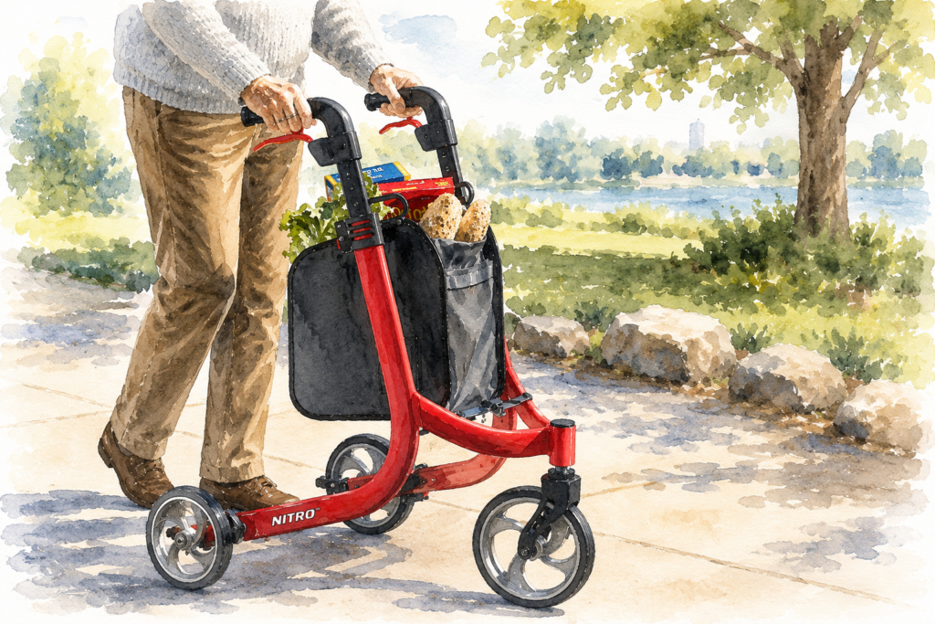 Watercolor illustration of a senior using a red rollator walker with a storage bag filled with groceries while walking outdoors.