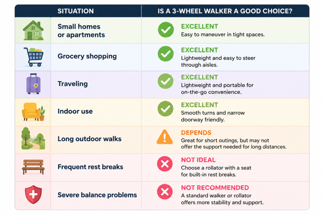 Comparison chart showing when a 3-wheel walker is a good choice, including small homes, grocery shopping, travel, indoor use, outdoor walking, rest breaks, and severe balance problems.