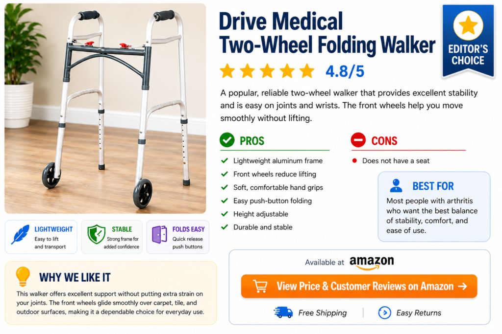 Medline Lightweight Two Button Folding Walker with 5-inch front wheels, adjustable height, lightweight aluminum frame, and folding design for seniors and adults needing reliable mobility support.