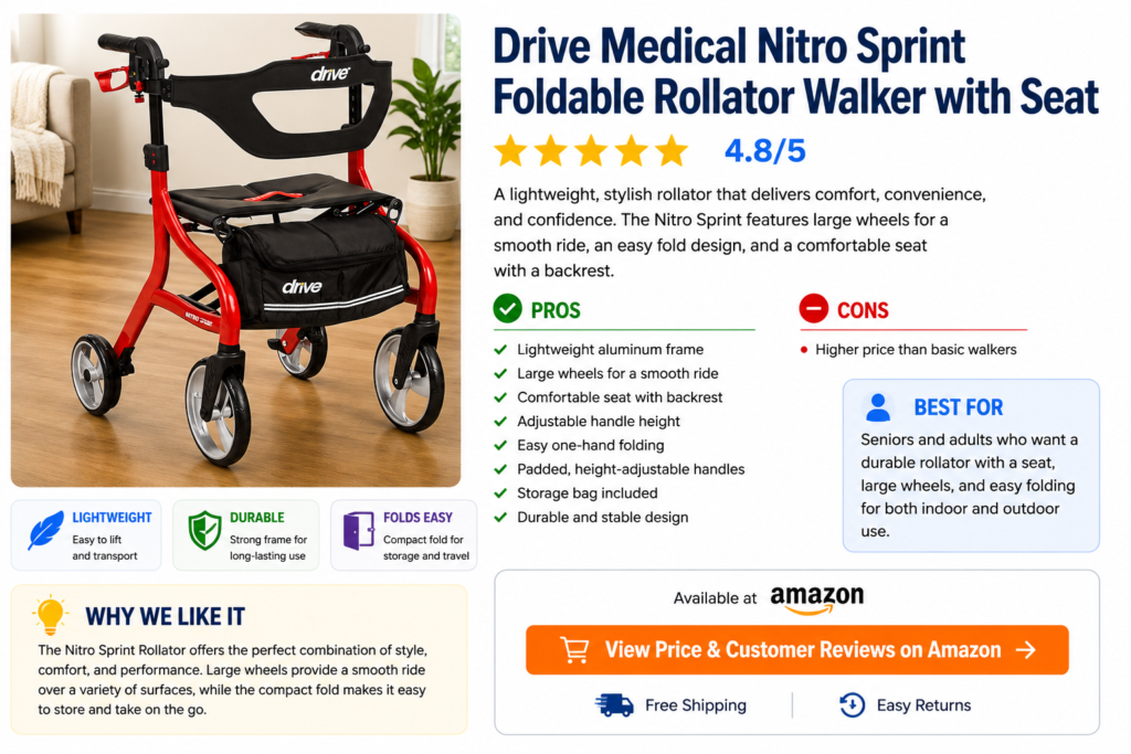 Drive Medical Nitro Sprint foldable rollator walker with seat in red featuring large wheels, padded backrest, storage bag, adjustable handles, pros and cons, and Amazon buying guide.