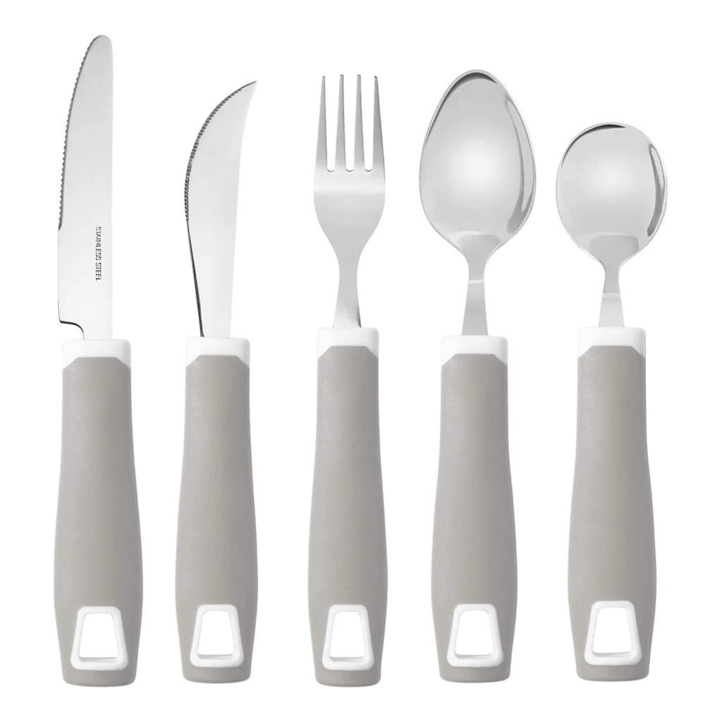 Adaptive eating utensils with built-up handles designed to help people with arthritis, weak grip strength, and limited hand mobility.