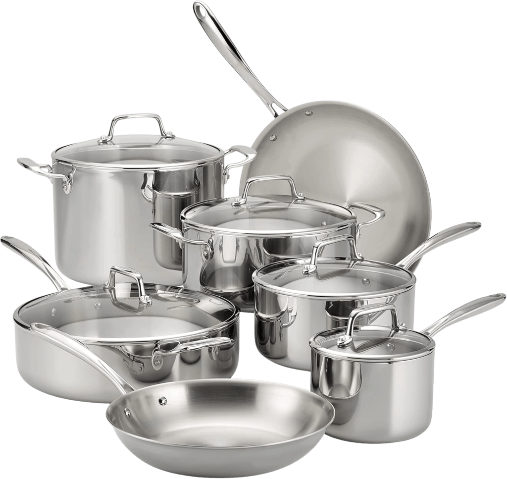 Lightweight stainless steel cookware set with pots and pans designed for easier handling and safer cooking.