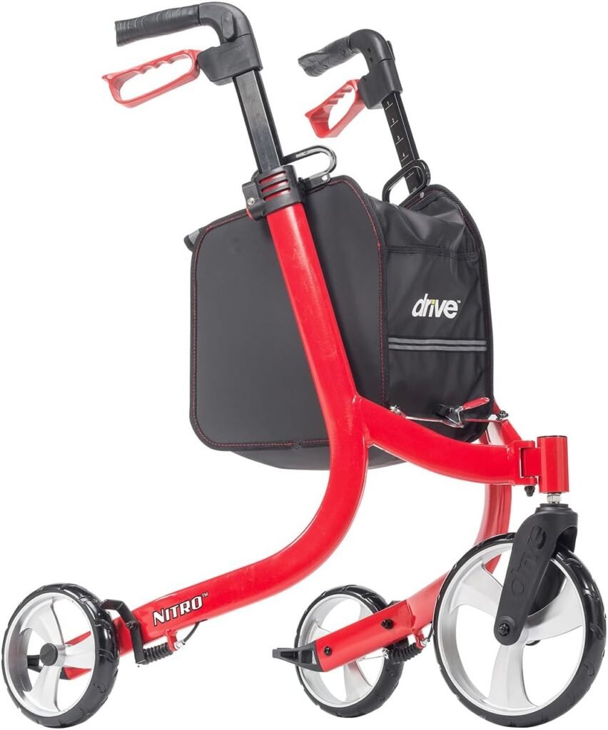 Front view of a red three-wheel rollator walker with height-adjustable handles, hand brakes, a black storage bag, and large wheels on a white background.