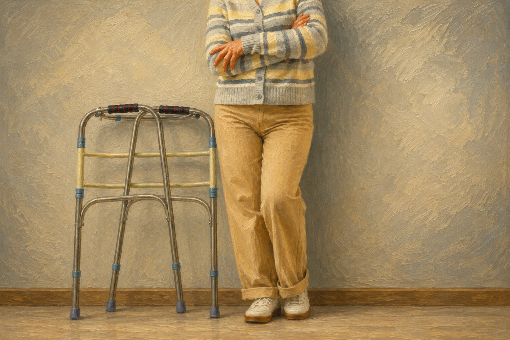 An older adult stands beside a standard folding walker, illustrating a common mobility aid used for balance, stability, and everyday walking support.