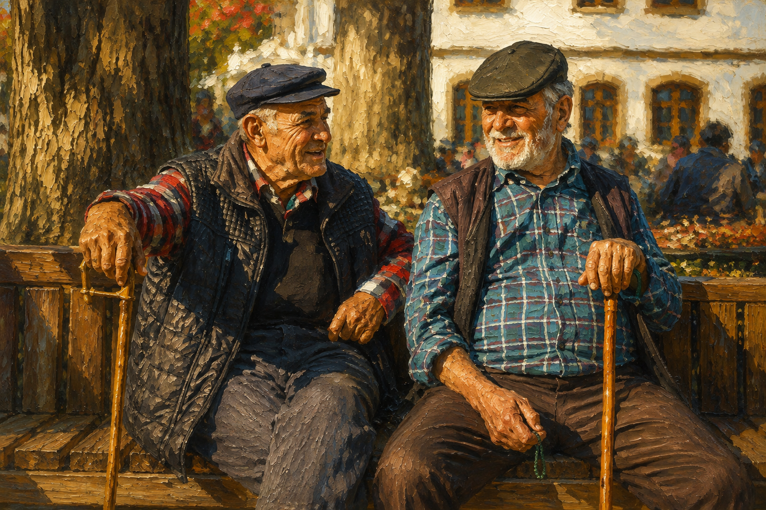 Two older men sitting on a park bench holding walking canes while enjoying a conversation outdoors.