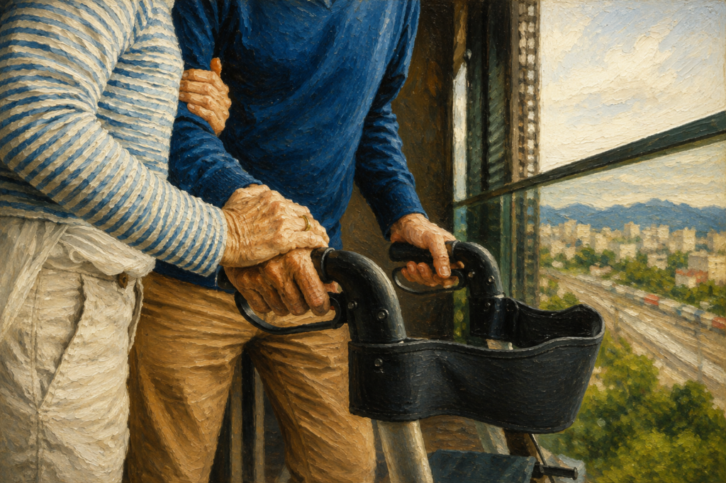 Close-up of an older adult using a walker with support from a caregiver in a realistic oil painting.