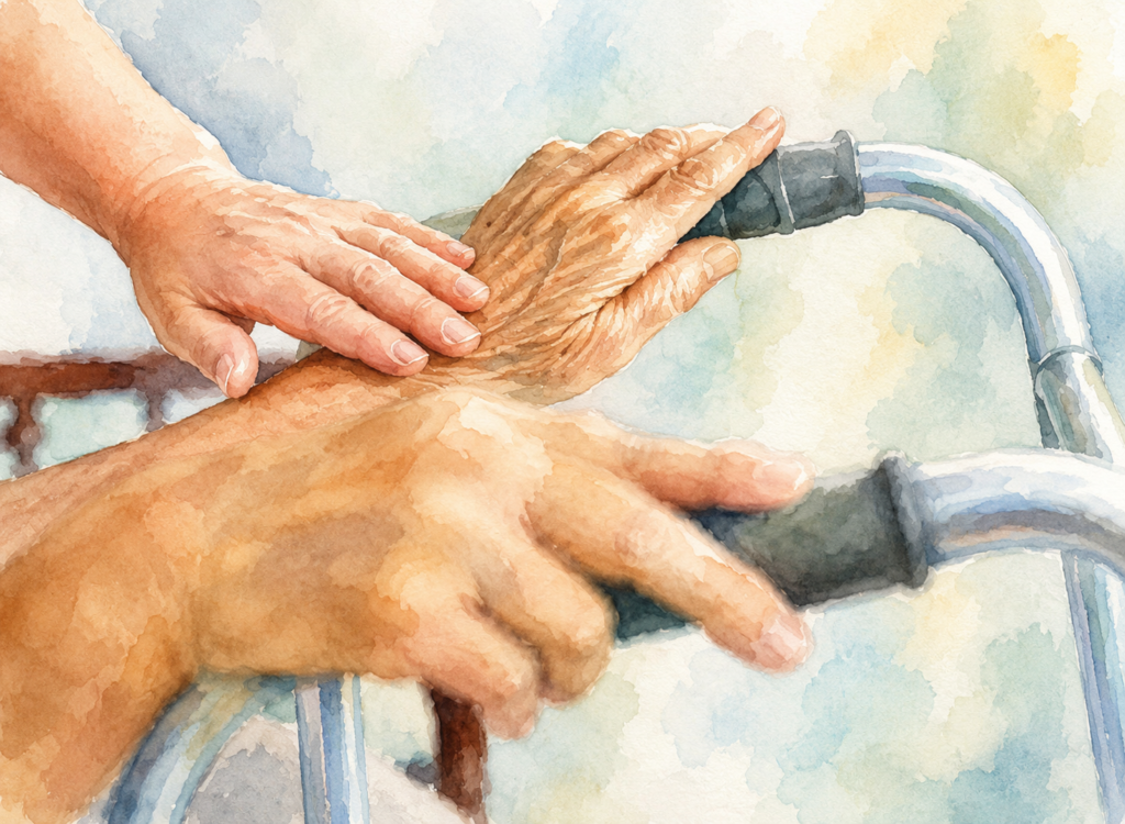 Watercolor illustration of a caregiver gently placing a reassuring hand over an older adult's hand resting on the handle of a walker, symbolizing support, compassion, and safe mobility.
