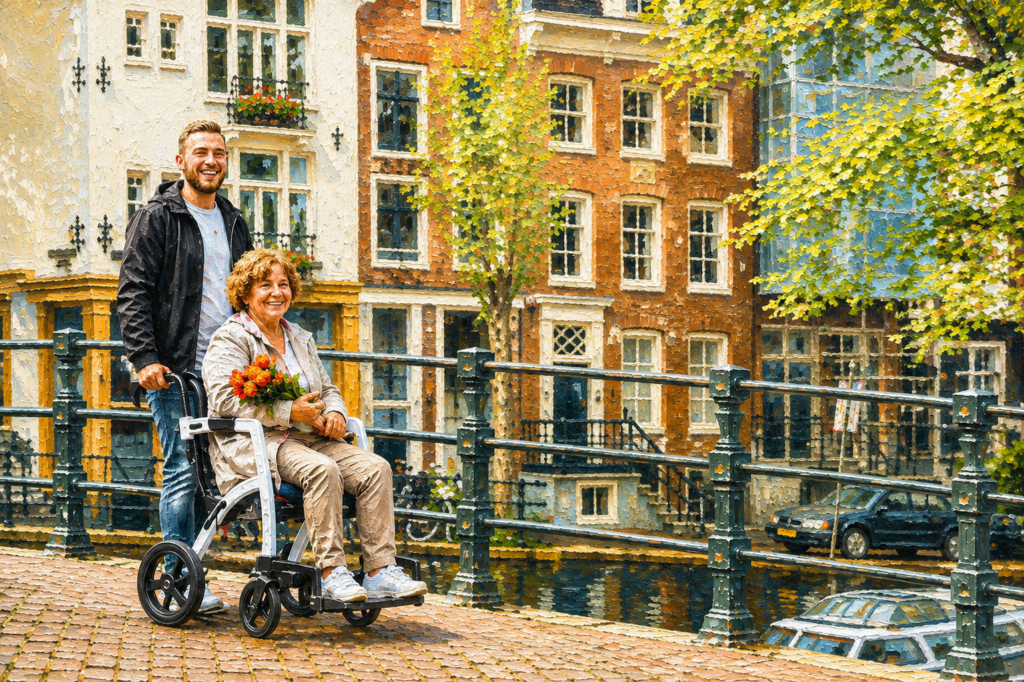 A smiling older woman enjoys a scenic outing as a younger companion pushes her in a rollator transport chair across a picturesque canal bridge lined with historic buildings.
