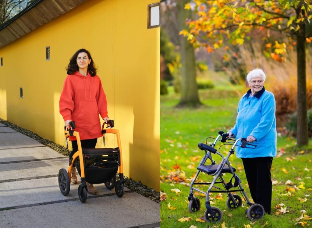 Two adults using rollator walkers outdoors, illustrating the type of mobility aid that may qualify for Medicare coverage when medically necessary