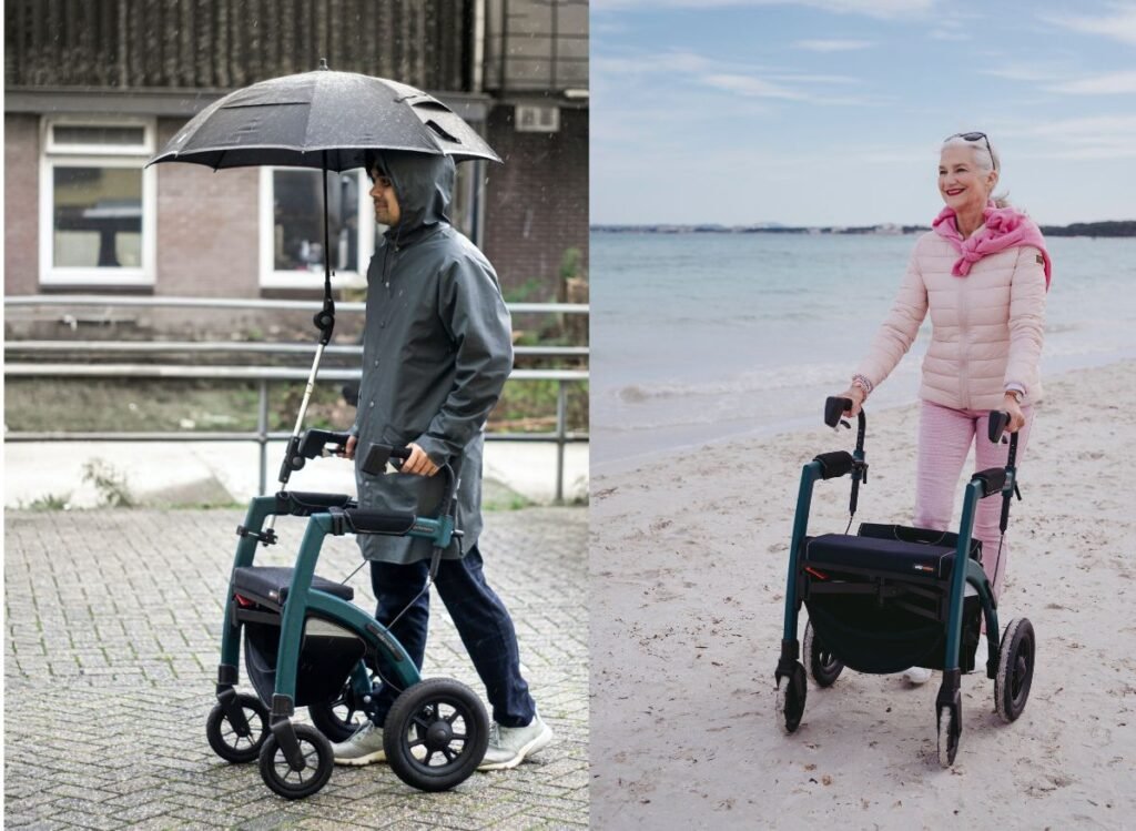 Younger and older adults using rollator walkers outdoors