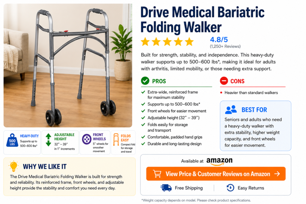Drive Medical Bariatric Folding Walker with front wheels, reinforced heavy-duty frame, adjustable height, and 500–600 lb weight capacity for adults needing extra stability and mobility support.