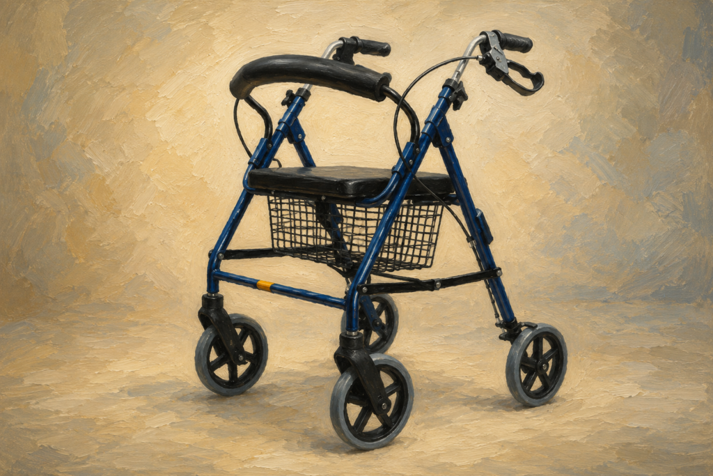 A blue four-wheel rollator with a padded seat, backrest, hand brakes, and storage basket is shown on a neutral background.