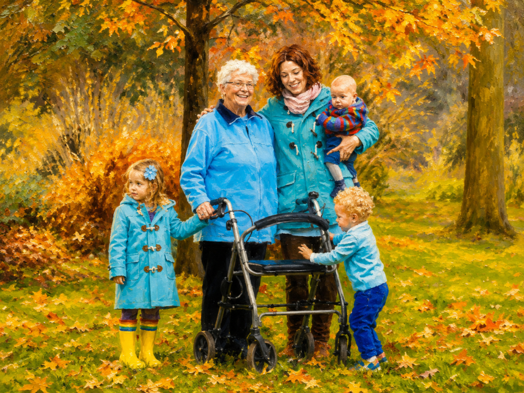 An older woman using a rollator enjoys a walk through a colorful autumn park with her daughter and three young grandchildren, celebrating family, mobility, and togetherness.