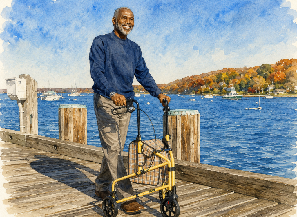 Watercolor illustration of an older man walking along a waterfront boardwalk using a yellow three-wheel rollator with a plaid storage bag. Boats, calm blue water, and colorful autumn trees create a peaceful outdoor setting that highlights active, independent mobility.