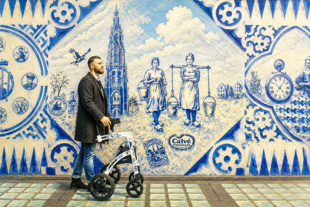A man using a four-wheel rollator walks past a large blue-and-white Delft-style mural, symbolizing confidence, mobility, and independence in a bright urban setting.