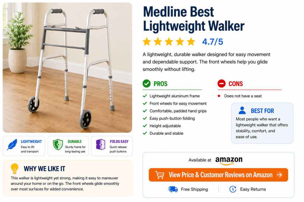Medline Medical foldable walker with seat in red featuring large wheels, padded backrest, storage bag, adjustable handles, pros and cons, and Amazon buying guide.