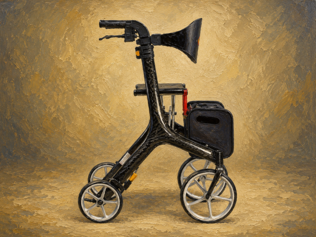 A modern four-wheel rollator with a lightweight frame, padded seat, storage bag, and large wheels is displayed on a neutral background.