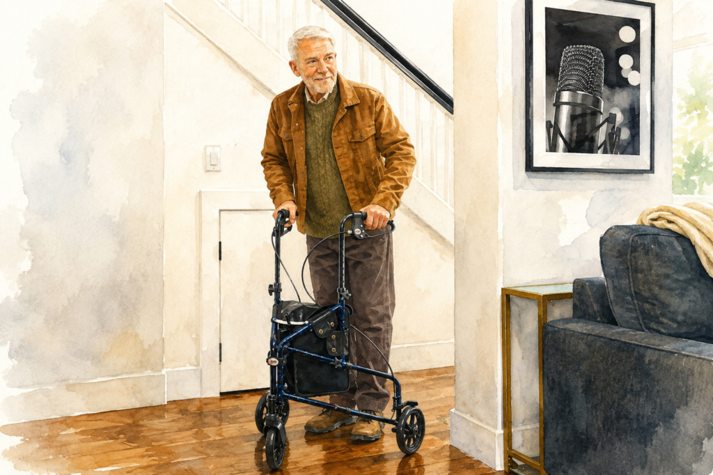 Watercolor illustration of an older man using a 3-wheel rollator while walking through a bright, modern home. He stands near a staircase with hardwood floors, showing safe indoor mobility and independent living.