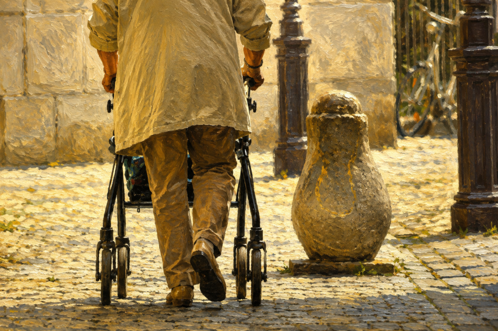 An older adult walks confidently with a four-wheel rollator along a cobblestone street, demonstrating safe mobility and independence in an outdoor urban setting.