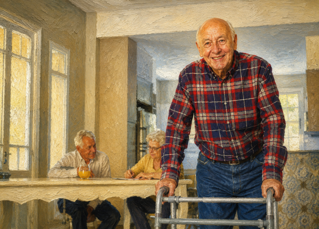 Realistic oil painting of a smiling older man using a walker inside his home while family members sit in the background, highlighting mobility and independent living.