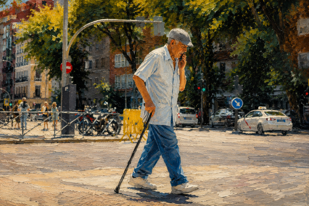 Realistic oil painting of an older man walking across a city street while using a cane for balance and mobility support.