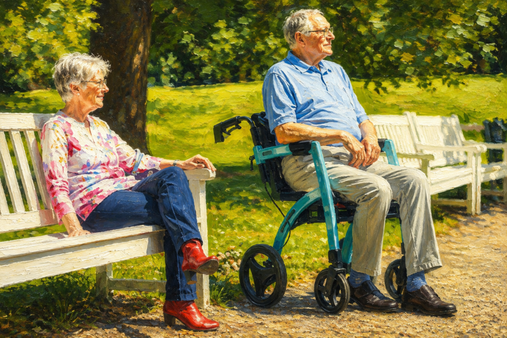 An older couple enjoys a peaceful afternoon in a sunny park, with the man seated comfortably in a rollator while the woman relaxes on a nearby bench.