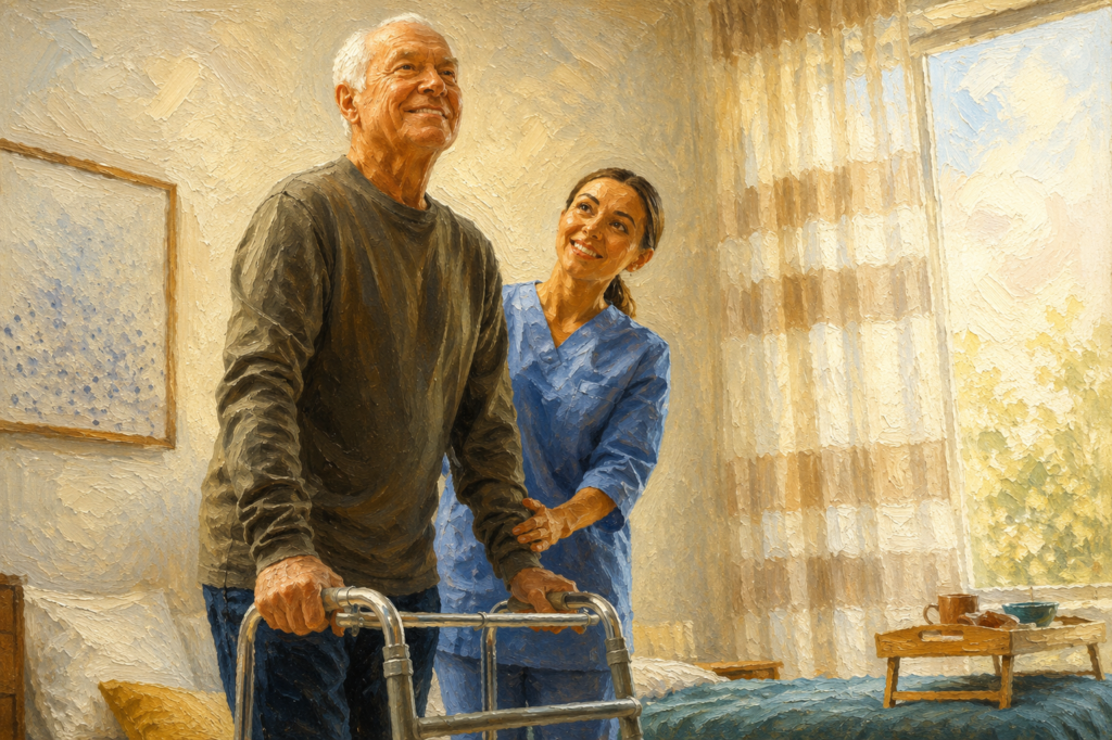 Older man using a walker during physical therapy with assistance from a nurse in a realistic oil painting.