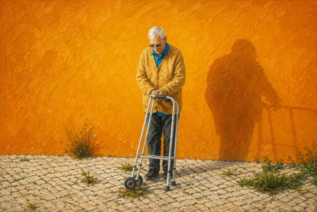 An older man uses a standard walker to walk carefully across a cobblestone sidewalk, with his shadow cast against a bright orange wall.
