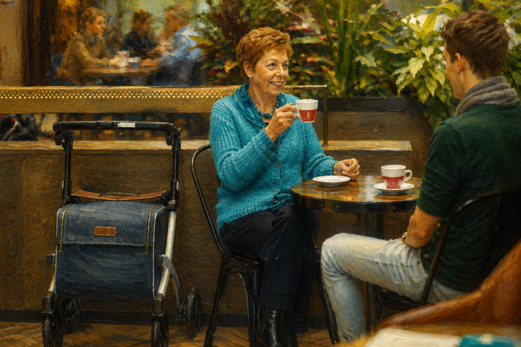 An older woman enjoys coffee with a younger companion at a café, with her rollator parked beside the table for convenient access and mobility.