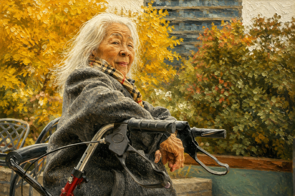 Are Walkers Covered by Medicare?-Older woman resting with her rollator in a park during autumn in a realistic oil painting.