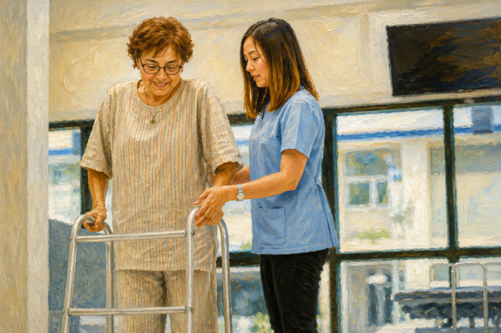 Best Walker for Arthritis- A physical therapist assists an older woman as she practices walking with a standard walker during a rehabilitation session in a bright therapy clinic.